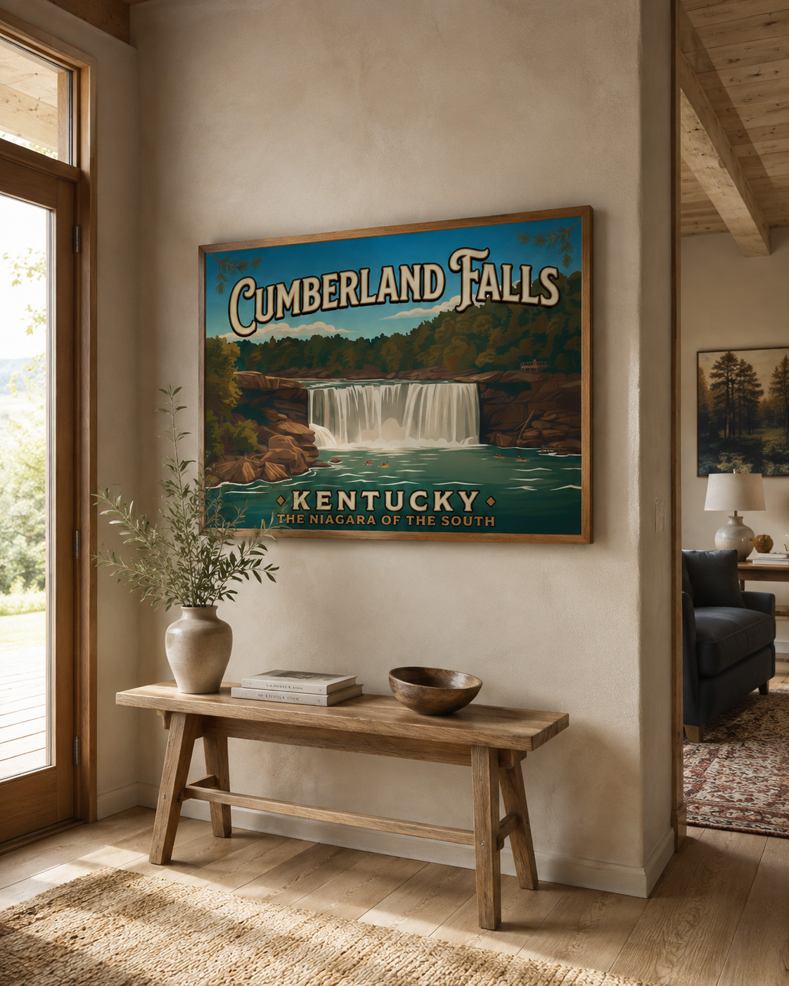 Cumberland Falls Kentucky vintage travel poster displayed above a console table in a warm home entry